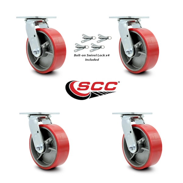 6 Inch Red Poly on Cast Iron Caster Set with Roller Bearing and Swivel Lock